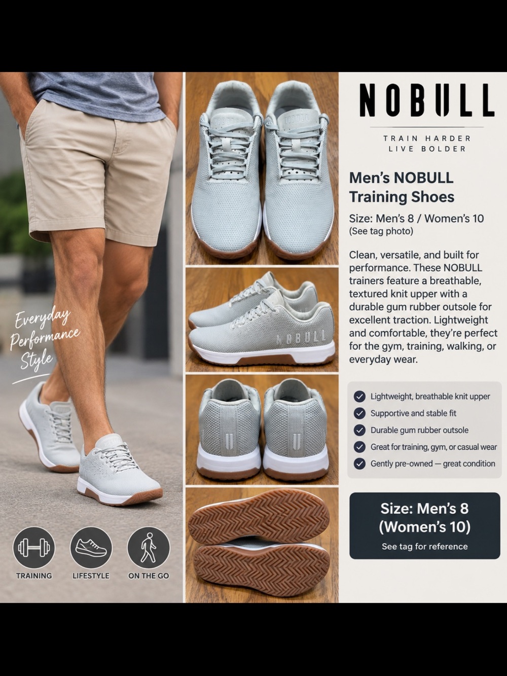 NOBULL Men’s Size 8 Gray Training Sneakers Gum Sole Women’s 10.